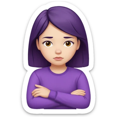 Pouty girl with squinted eyes folding arms in a purple longsleeve shirt she has fair skin sticker