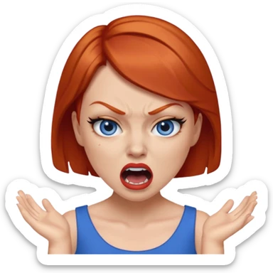 mujer pelirroja con los ojos y los labios maquillados enojada gritando con vestido azul pelo corto sticker