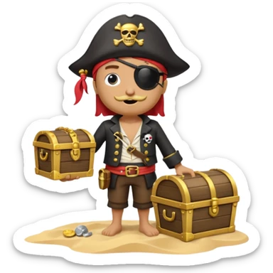 A 3D cartoon pirate with one eye covered by a black eye patch, holding a treasure chest of gold, wearing a hat, standing on sand, Memoji-style. sticker
