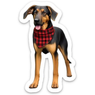 adult 75% Coonhound 25% German Shepherd mix dog with visible tail wearing small pointed red buffalo plaid bandana full body walking left quickly sticker