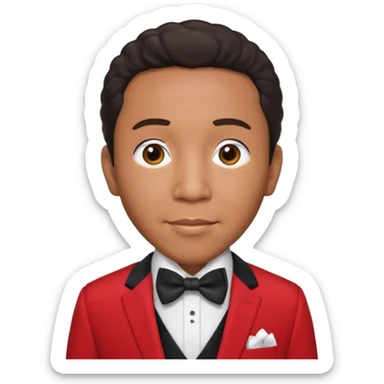 Smokey Robinson with dark brown hair, red suit with bow tie sticker