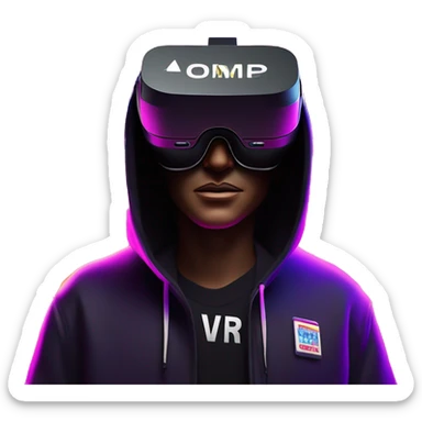 Donald Trump wearing a black hoodie with "OMG" letters on it and VR headset oculus quest 2 in a cyberpunk VR environment with violet neon lighting. sticker