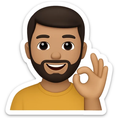 Edit the image to depict a smiling man showing the 'okey' gesture in the style of apple emojis with normalized, natural-looking fingers. Keep the apple emoji style but enhance finger naturalness and normalization. sticker