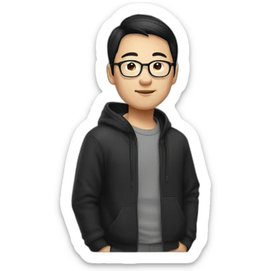 A mature Chinese boy with black hair and circle-shaped eyeglasses wearing black hoodie sticker