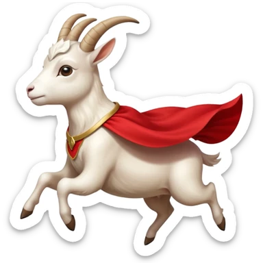 side view of white female goat wearing a read cape like superman sticker