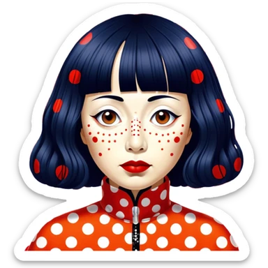 Yayoi Kusama – Cinematic Realistic Portrait of Yayoi Kusama, depicted as an avant-garde artist with an eccentric, captivating expression surrounded by her iconic polka dot patterns, rendered with vivid textures and imaginative lighting that evokes her unique, surreal creative world. sticker