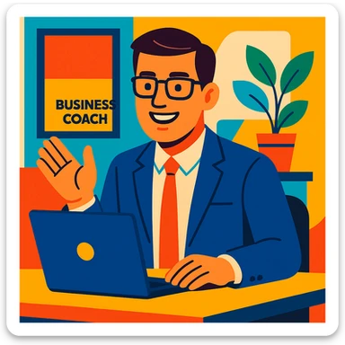 A 35-year-old male business coach sitting at a desk with a laptop sticker