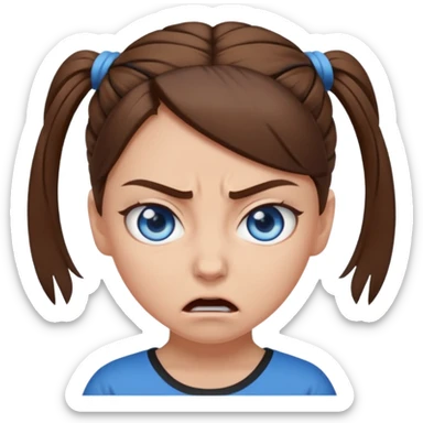 girl with blue eyes, brown hair tied up, angry sticker