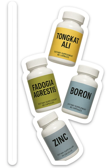 4 boccette di integratore: Tongkat Ali, Fadogia Agrestis, Boron e Zinco fluttuano in aria verticalmente sticker