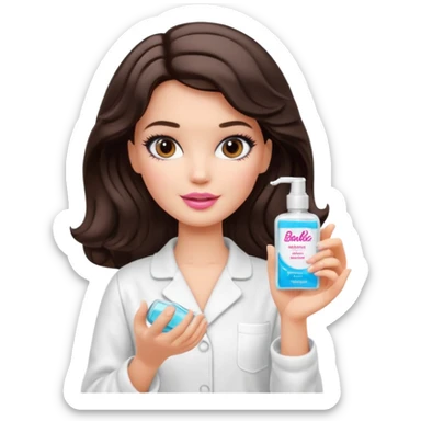 A Barbie girl with makeup, with short wavy dark brown hair in white pajamas, holding a facial gel in her hand sticker