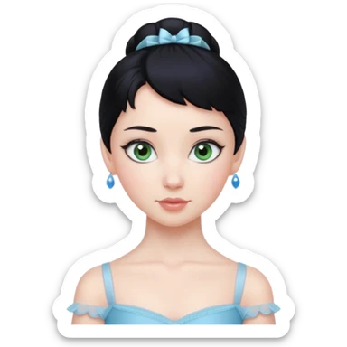 Cinematic Realistic ballerina Medium Blue Portrait, depicted with lifelike skin texture, subtle rosy undertones, and soft natural lighting that enhances the gentle contours of her face. Her intricately detailed sweet black hair is elegantly styled, green eyes sticker