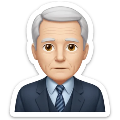 Elderly white man. Pale skin. Gray or white hair neatly combed back. Clean-shaven face with wrinkles around the eyes and mouth. Calm, steady eyes. Wears a collared shirt, tie, vest, and dark suit jacket visible from the chest up. sticker