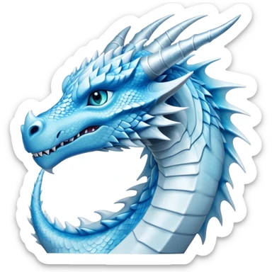 Cinematic Noble elegant Ice Dragon Portrait Emoji, Poised and imposing, distinct long elegant snout, with a slender, scaled body shimmering in glacial hues of icy blue, frostbitten silver, and crystalline white, breathing out frost, with piercing, glowing ice blue white eyes that radiate the chilling depths of an arctic storm; rendered in detail. sticker