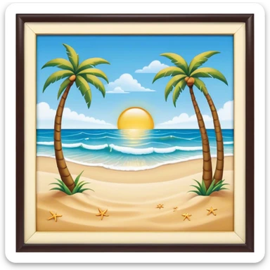 Cinematic Realistic Beach Emoji in a wooden frame, Sunny and bright, with soft golden sand stretching as far as the eye can see, gently lapping waves crashing onto the shore, and a clear, blue sky above. Palm trees sway in the warm breeze, crystal clear water of the waves on the landscape. Soft glowing outline, capturing the essence of a relaxed, joyful beach day filled with sun, sand, and surf! sticker
