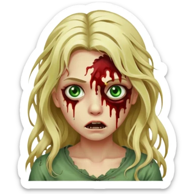 faça um emoji de um zumbi, uma menina loira com olho verdes, sangue, de terror, cabelo longo  sticker