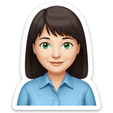 60 yr old woman, blue green eyes, long straight dark brown hair, business shirt, chubby, bangs sticker