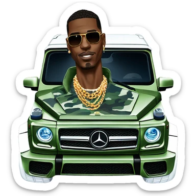 Young Dolph luxury clothes,blue diamond chain on,getting inside/not all the way in,just opened car door to his all orange and green colored,whole car painted army camouflage, Mercedes G Wagon sticker