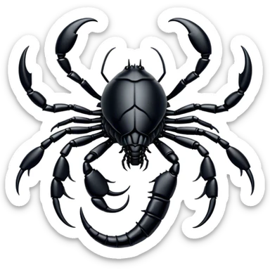 Cinematic Noble Emperor Scorpion Portrait Emoji, Poised and formidable, with a robust, armored build and a glossy, jet-black exoskeleton accented by striking, segmented pincers, deep-set piercing eyes, Simplified yet sharp and sophisticated features, highly detailed, glowing with a cool, dignified glow, high shine, intelligent and imposing, stylized with an air of ancient desert majesty, focused and attentive, soft glowing outline, capturing the essence of a watchful and commanding scorpion that feels as though it could silently creep out of the screen with effortless authority! sticker
