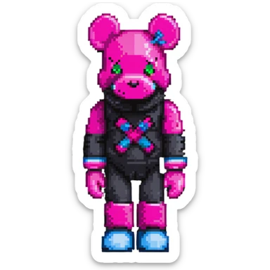 Pixel art KAWS Bearbrick figure with X eyes wearing a hot pink balaclava, blocky bear shape sticker
