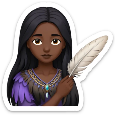 Cinematic Realistic Pocahontas Portrait, depicted with lifelike skin texture, soft natural lighting, and intricately detailed long, flowing raven-black hair that moves gracefully in the wind. Her deep, soulful dark brown eyes exude wisdom and strength, complemented by a serene yet powerful expression. She is shown gently holding a feather in one hand, her other hand resting lightly at her side, embodying the harmonious balance between nature and herself. She is dressed in her classic one-shoulder native American dress, with rich fabric textures and delicate beaded details that catch the light beautifully. The portrait features a soft, sun-kissed glow with a natural, radiant finish, capturing the essence of untamed beauty and deep connection to nature in a realistic and painterly style, evoking a sense of depth and authenticity. sticker
