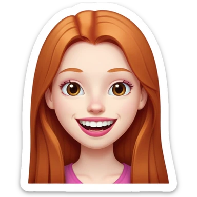 Young girl with pale skin, very long face, full pink lips smiling with big teeth, very long straight auburn hair (lighter ginger, not intense red), big brown eyes, big nose, big mouth sticker