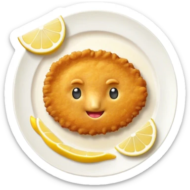 Cinematic Realistic Veal Schnitzel Dish Emoji, depicted as a golden, breaded veal cutlet served with lemon rendered with crisp textures and inviting, natural lighting. sticker