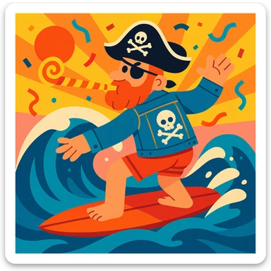 male adult surfing a wave, wearing surfer shorts, denim jacket with skull and crossbones patch, pirate hat, blowing on a NYE noisemaker, vibrant illustration sticker