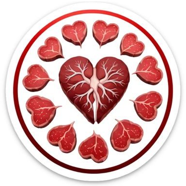 Several cuts of steak, beef, and liver arranged in a circle around a pulsing heart and bright red blood cells. Red energy flows from the meat into the blood cells, which then carry oxygen to the heart and muscles, representing iron's role in energy production. sticker