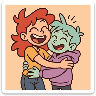 a warm hug between two cute characters, vibrant colors, cartoon style, joyful and friendly atmosphere sticker