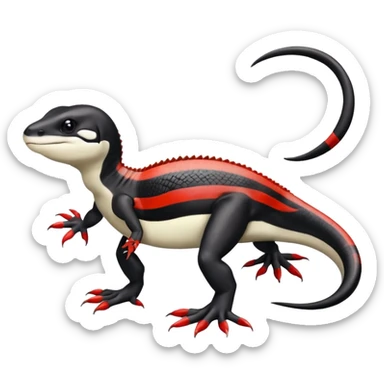 Black and white Orca-reptile-reptilian-lizard-skink-gecko-Digimon-Fakémon-hybrid full body, two legs, two arms, claws, tail, with red stripe sticker