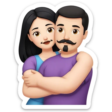 Tall strong white man with dark brown mustache goatee hugging a chubby short pale woman with long black hair sticker