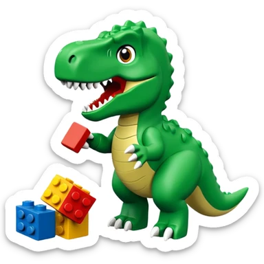 A cute green t-rex playing with LEGO bricks sticker