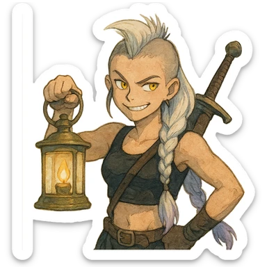 A sword maiden, mohawk, long braid white hair with lavender and tips long messy bangs one side, gold yellow eyes, black crop top, brandishing a lantern. Mischievous smirk sticker