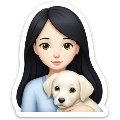 A beautiful girl with long black hair and fair skin is holding a white Labrador sticker