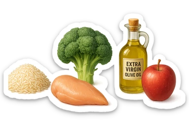 Riso basmati
Petto di pollo
Verdura fibrosa verde
Olio EVO
Mela sticker