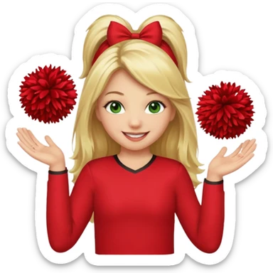 Girl with long blonde hair, smiling, holding one red pom pom in each hand, green eyes, red shirt, cheerleader sticker