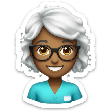 científica, morena de cabello negro ondulado recogido con una cola, con lentes, sonriente, con bata de laboratorio blanca, y su scrups sea de color celeste sticker