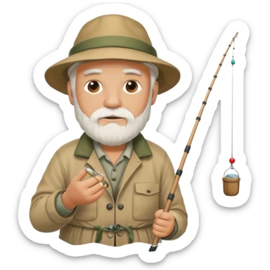 an old white haired, bearded man in fisherman attire, sat in a big boat on the ocean, casting a fishing line into the water sticker