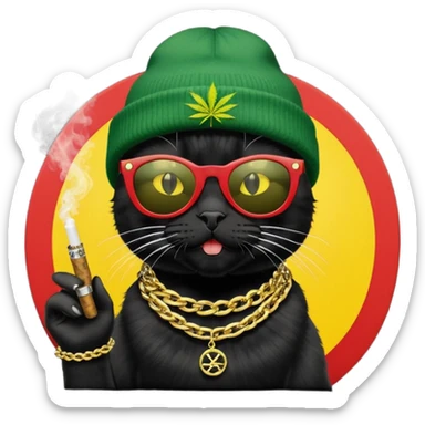A black cat wearing the deal with it shades and a rasta beanie and smoking a joint and wearing a gold chain that says 420 and the words High Time at the top of the image sticker