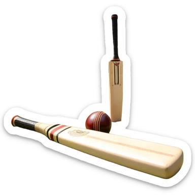 A cricket bat and ball resting on a well-manicured pitch, with the stumps and bails in the background. The scene emphasizes the traditional elements of the game, with the bat poised for a shot and the field reflecting a calm, competitive atmosphere. sticker