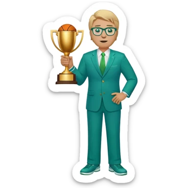 full body plus size male basketball coach with sandy blonde hair and glassed wearing blue and green suit holding a trophy sticker
