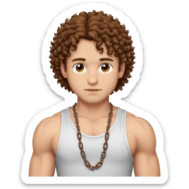 a somewhat muscular lights lin guy with brown curly hair, chains, q white tank top, and brown eyes sticker