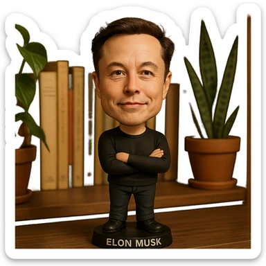 exaggerated cartoonish features bobblehead of Elon Musk in a casual outfit sticker