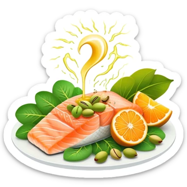 Banana, spinach, salmon fillet, sliced kiwi, pistachios, and a glass of orange juice emitting electrical sparks that flow toward a heart and nervous system. The electrical currents highlight the role these potassium-rich foods play in maintaining heart rhythm and muscle function. sticker
