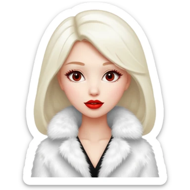 A beautiful, cute girl with red lipstick is posing for a photo in a white fur coat sticker