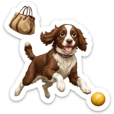 brown English springer spaniel jumping for joy on a Northumberland beach with a bag of balls sticker