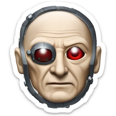Jean luc picard from Star Trek assimilated by the Borg, with mechanical metal covering only one eye with a red glass lens over the same eye  sticker