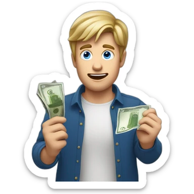 White guy with dark blond hair and blue eyes holding a euro bill in his hands acting surprised sticker