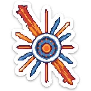 Bomb range power-up sprite, 64x64 pixels, explosion with red and orange arrows extending outward in four directions, target/bullseye design, vibrant red/orange color palette, clean pixel edges, recognizable icon that represents increased blast radius sticker