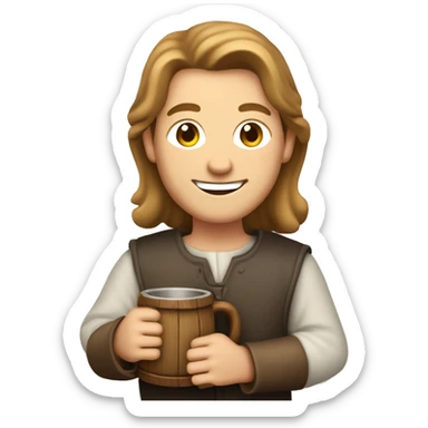 Friendly medieval bartender holding a wooden mug, smiling and welcoming with light brown hair. sticker